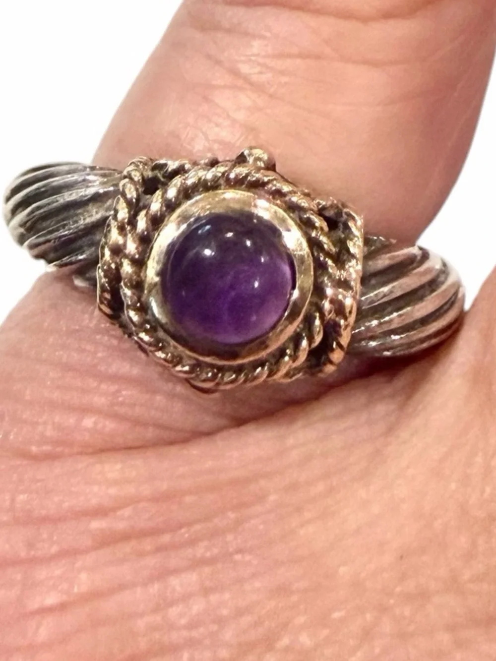 Vintage CNA Sterling Silver 14K Yellow Gold Amethyst Cable Ring Size 4.75